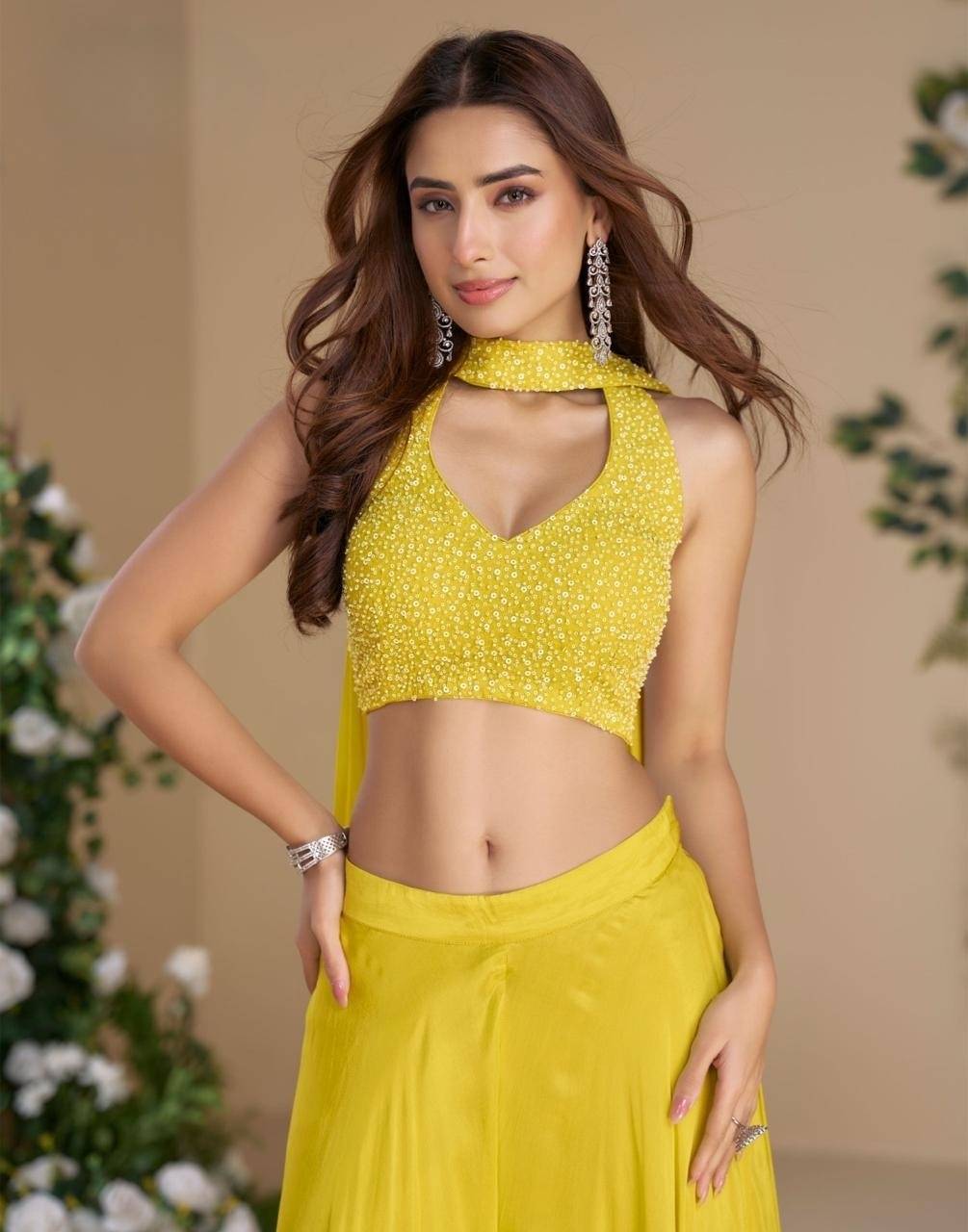 Yellow Indo Western Dress in Chinon Silk with Palazzo & Dupatta
