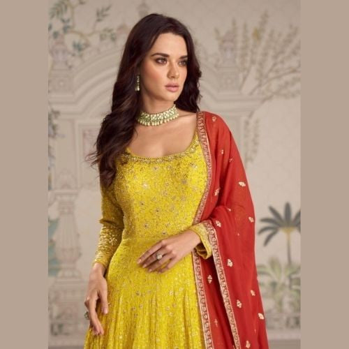 Yellow Ombre Embroidered Anarkali Gown with Red Dupatta