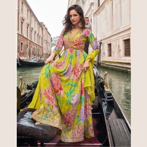 Festive Yellow Floral Anarkali Gown in Chinon Silk with Dupatta