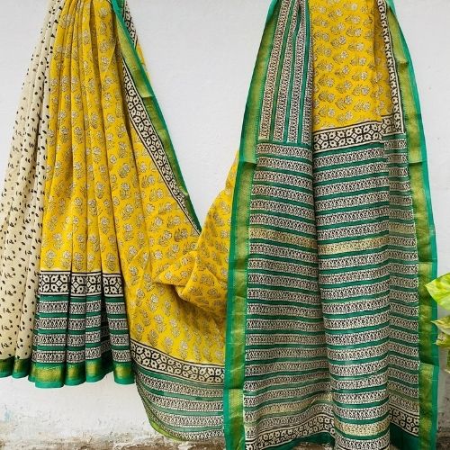 Elegant Yellow Maheshwari Silk Saree with Green Border