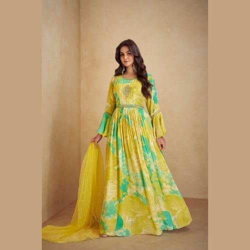 Designer Yellow Green Party Wear Gown with Dupatta for Women