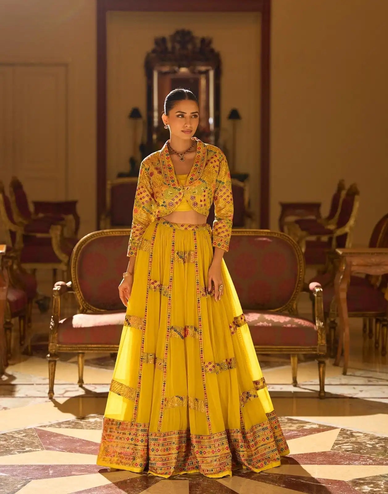 Yellow Heavy Designer Party Wear Lehenga Set