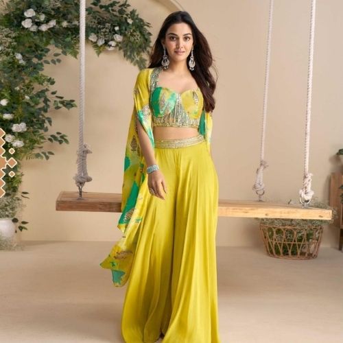 Yellow Indo Western Chinon Silk Dress with Embroidered Shrug