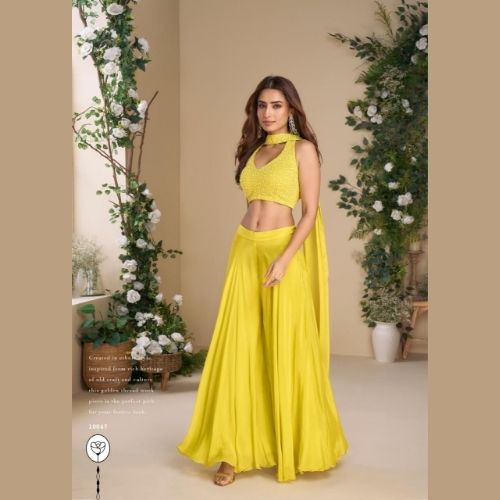 Yellow Designer Indo Western Dress with Palazzo & Embroidered Blouse