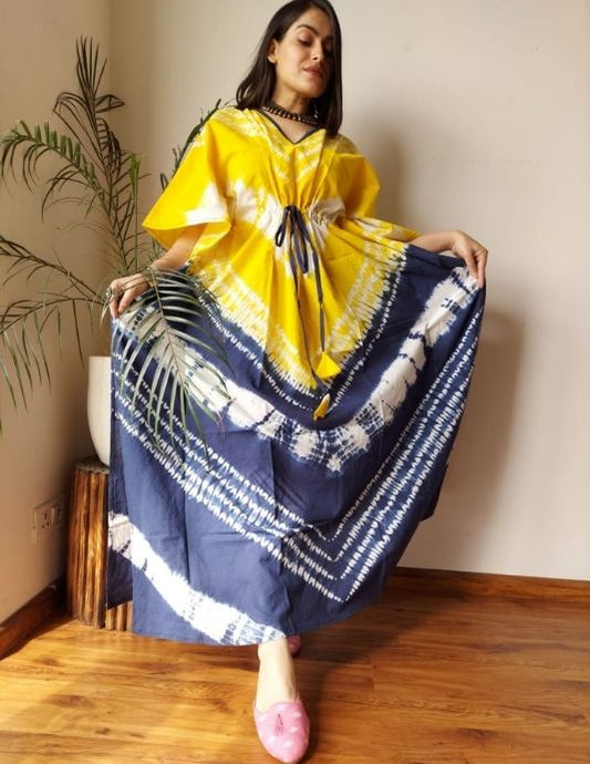 Yellow & Navy Hand Tie-Dye Cotton Kaftan – Free Size, 52” Length

