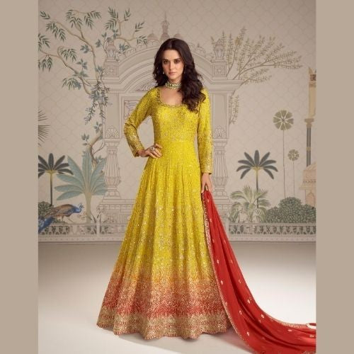 Yellow Floor Length Anarkali Gown with Red Dupatta