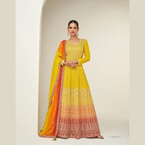 Yellow Ombre Designer Anarkali Gown with Dupatta for Women