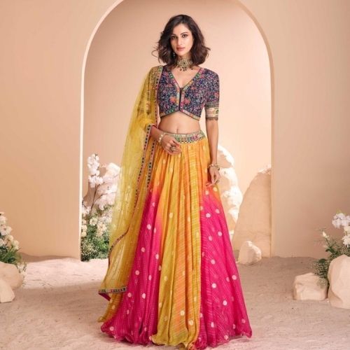 Yellow & Pink Ombre Viscose Jacquard Silk Embroidered Lehenga