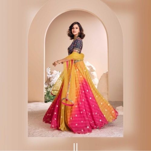 Yellow & Pink Ombre Embroidered Viscose Jacquard Silk Lehenga Choli