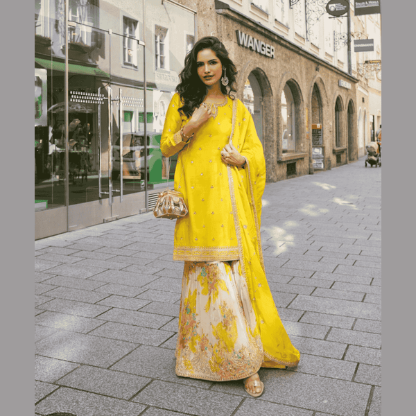Designer Yellow Real Chinon Party Wear Sharara Suit for Women