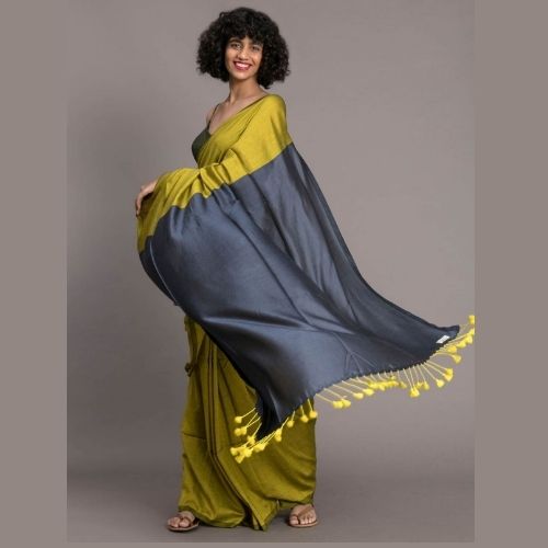  Yellow and Charcoal Grey Pure Khadi Cotton Saree – Soft Handloom Weave