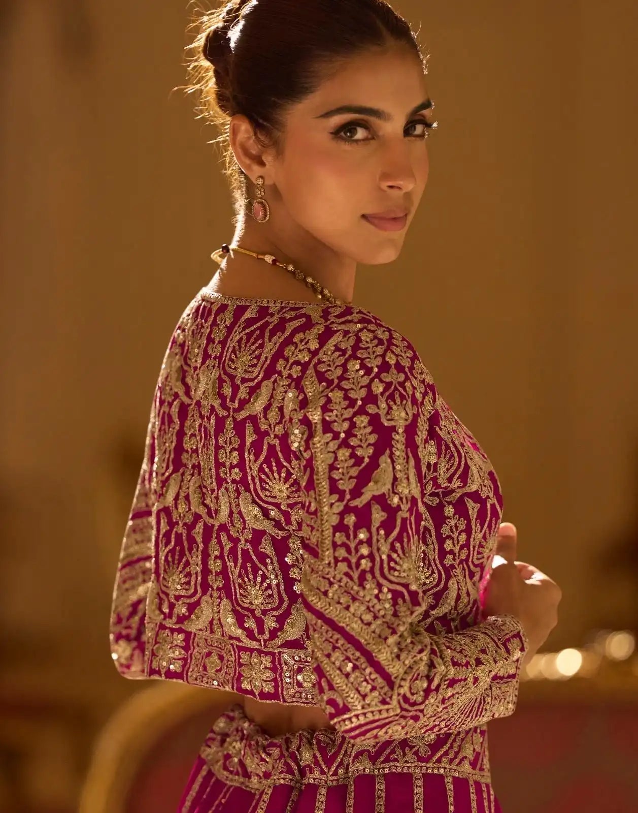 Magenta Heavy Designer Georgette Lehenga with Embroidered Shrug