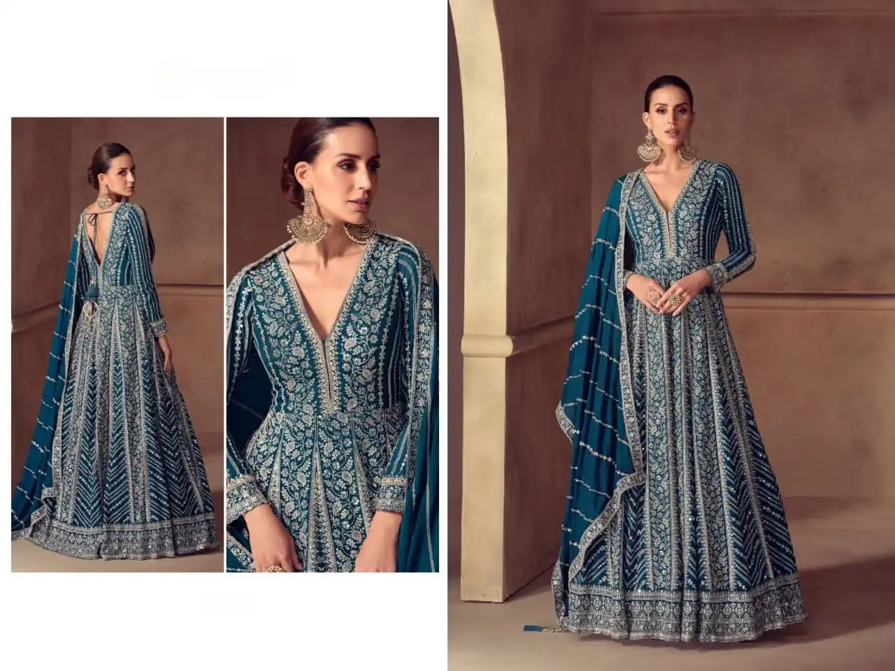 Teal Heavy Embroidered Real Chinon Party Wear Anarkali Gown