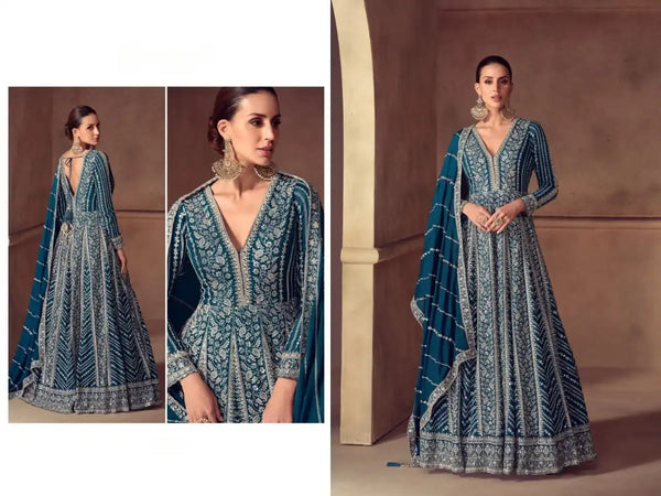 Teal Heavy Embroidered Real Chinon Party Wear Anarkali Gown