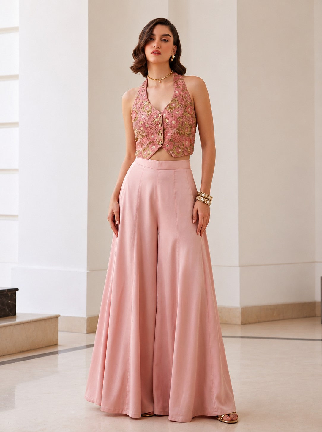 Blush Pink Embroidered Indo Western Designer Palazzo Set
