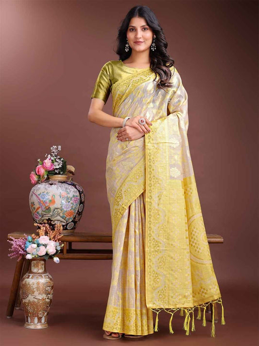 Light Yellow & Cream Linen Cotton Saree with Tassel Pallu