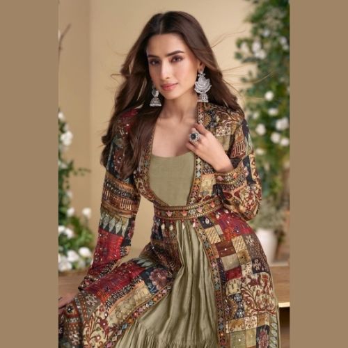 Olive Green Indo Western Coord Set in Premium Crepe Silk