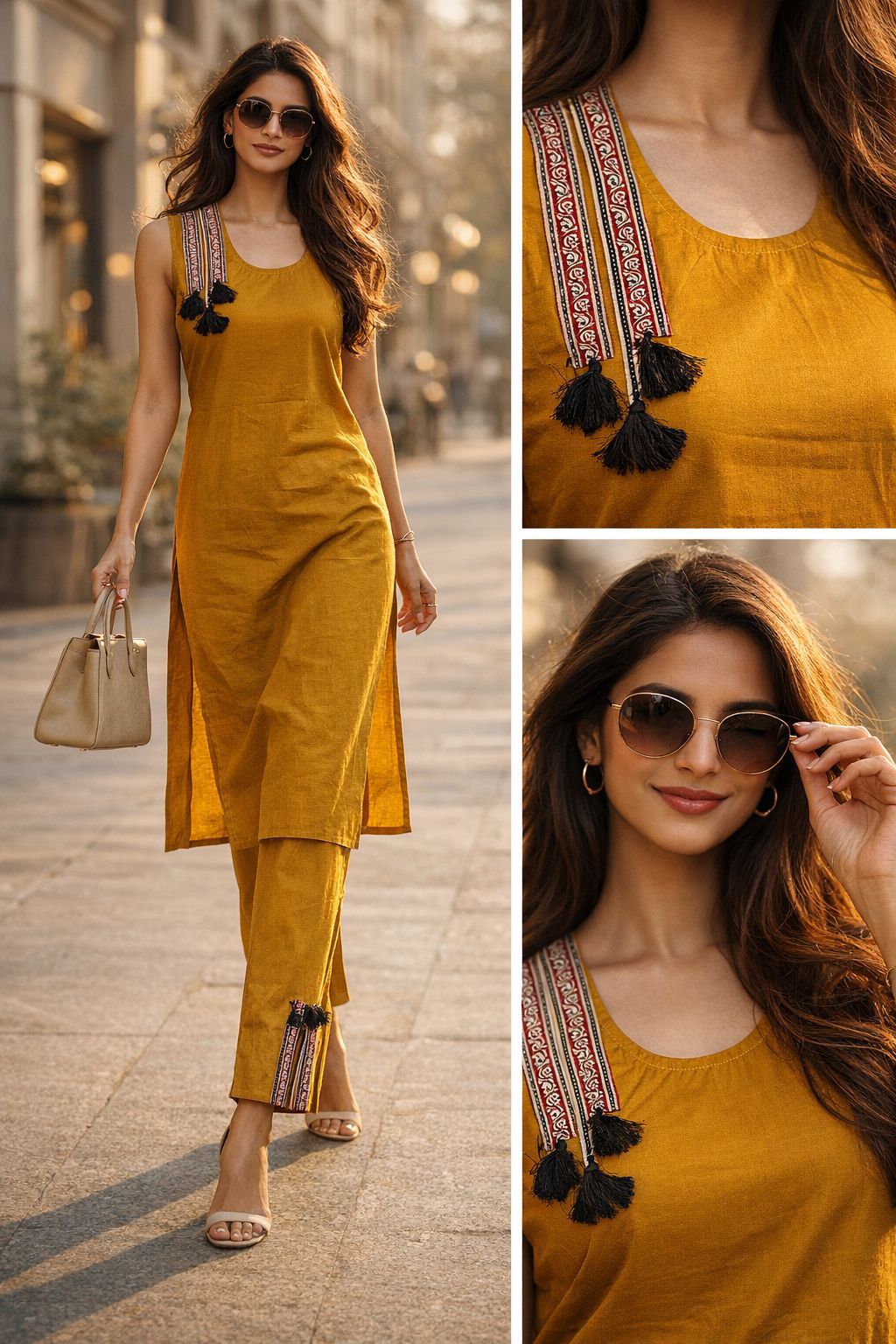 Mustard Dhaboo Cotton Kurti with Pant Set