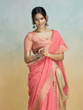 Coral Pink Khadi Silk Saree with Golden Zari Border & Tassel Pallu