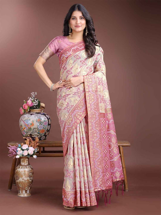 Blush Pink & Beige Linen Cotton Saree with Blouse Piece