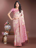 Blush Pink & Beige Linen Cotton Saree with Blouse Piece