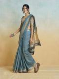 Dusty Blue Khadi Silk Saree with Golden Zari Border & Tassel Pallu