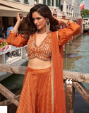 Rust Orange Embroidered Indo-Western Silk Palazzo Set with Dupatta