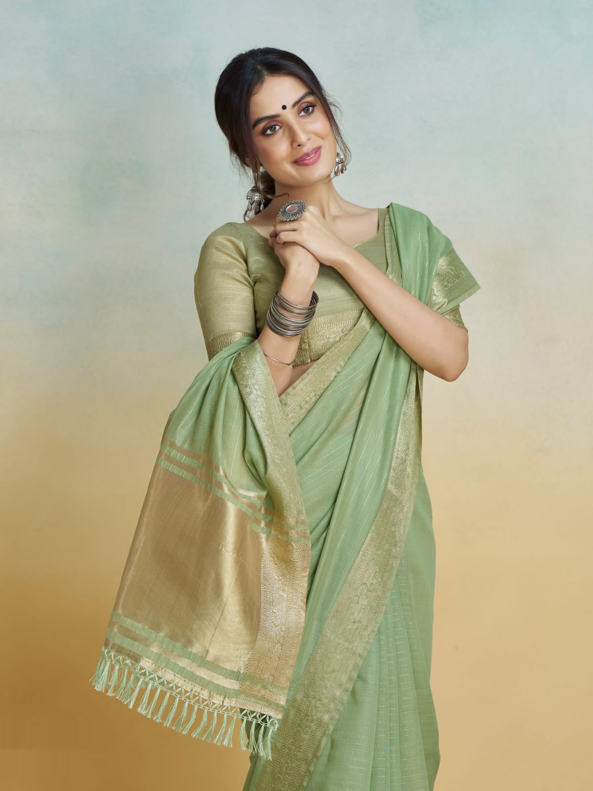 Green Khadi Silk Saree with Golden Zari Border & Tassel Pallu