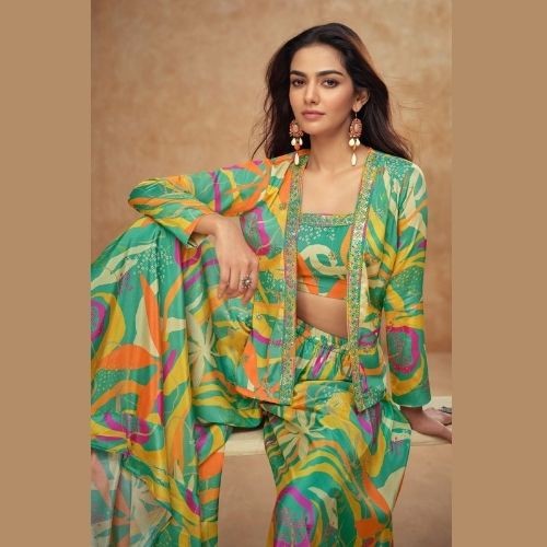 Multicolor Printed Indo Western Dress in Real Chinon Silk