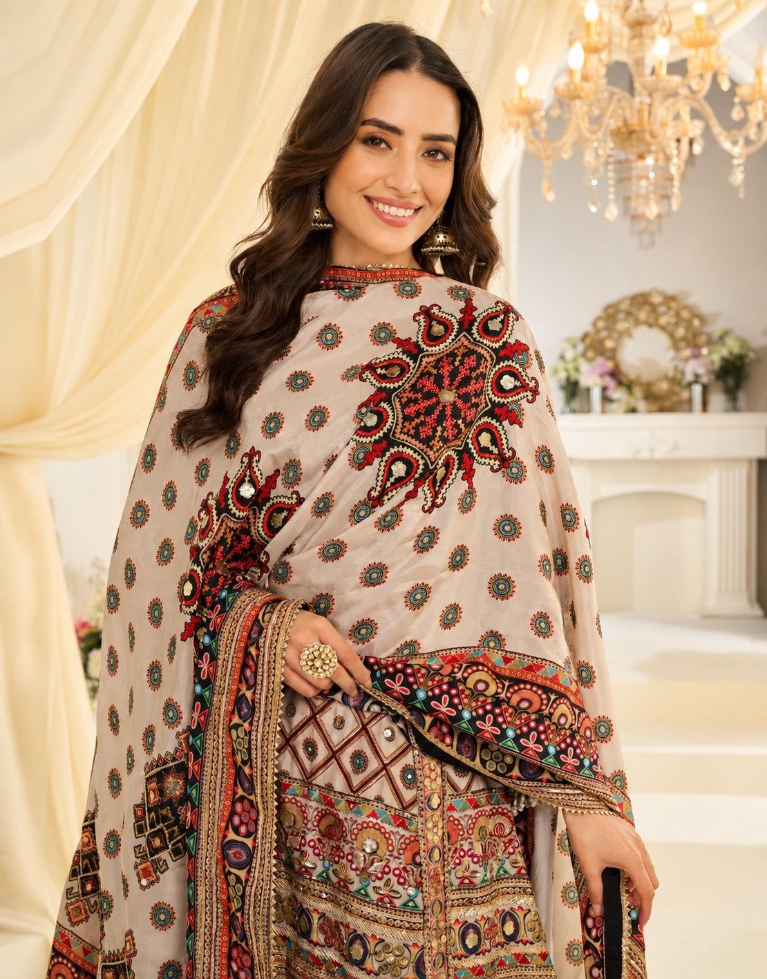 Cream Printed Premium Natural Crepe Silk Palazzo Set