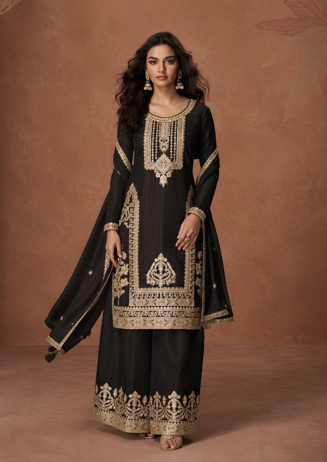 Black Embroidered Chinon Silk Palazzo Set
