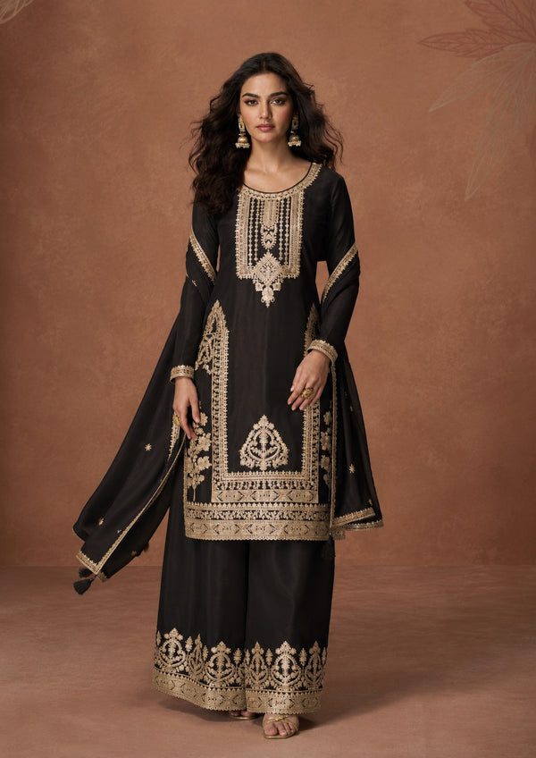 Black Embroidered Chinon Silk Palazzo Set