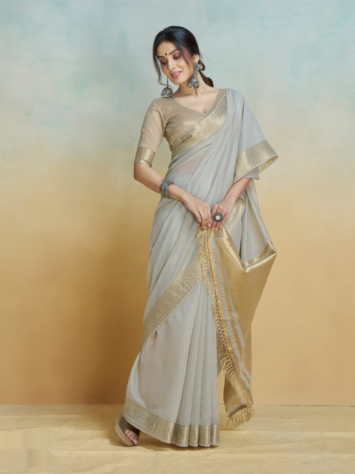 Elegant Khadi Silk Saree with Golden Zari Border
