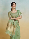 Green Khadi Silk Saree with Golden Zari Border & Tassel Pallu