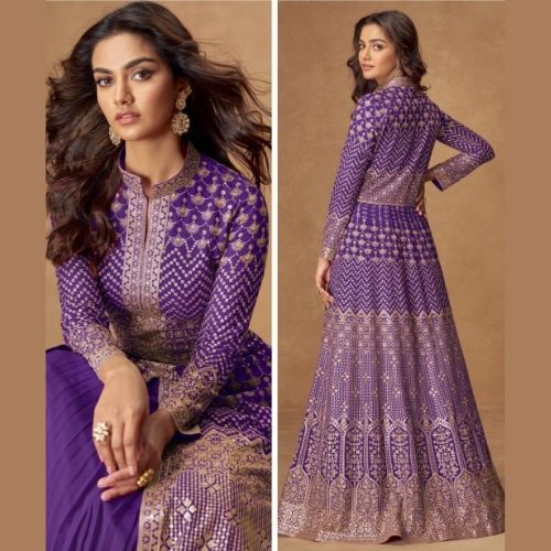 Purple Real Georgette Anarkali Gown with Embroidered Dupatta