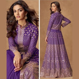 Purple Real Georgette Anarkali Gown with Embroidered Dupatta
