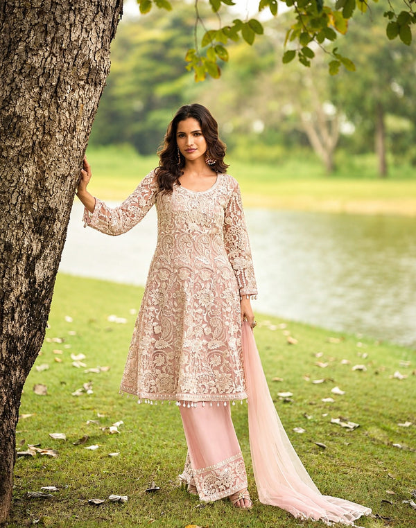 Blush Pink Premium Net Embroidered Palazzo Set