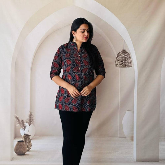 Black & Red Leaf Print Hand Block Cotton Short Kurti for Women