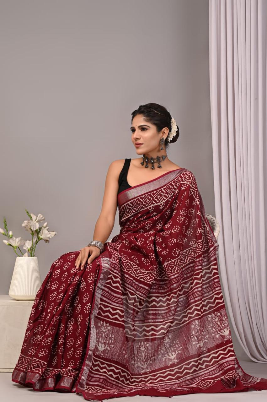 Maroon Handcrafted Print Linen Saree