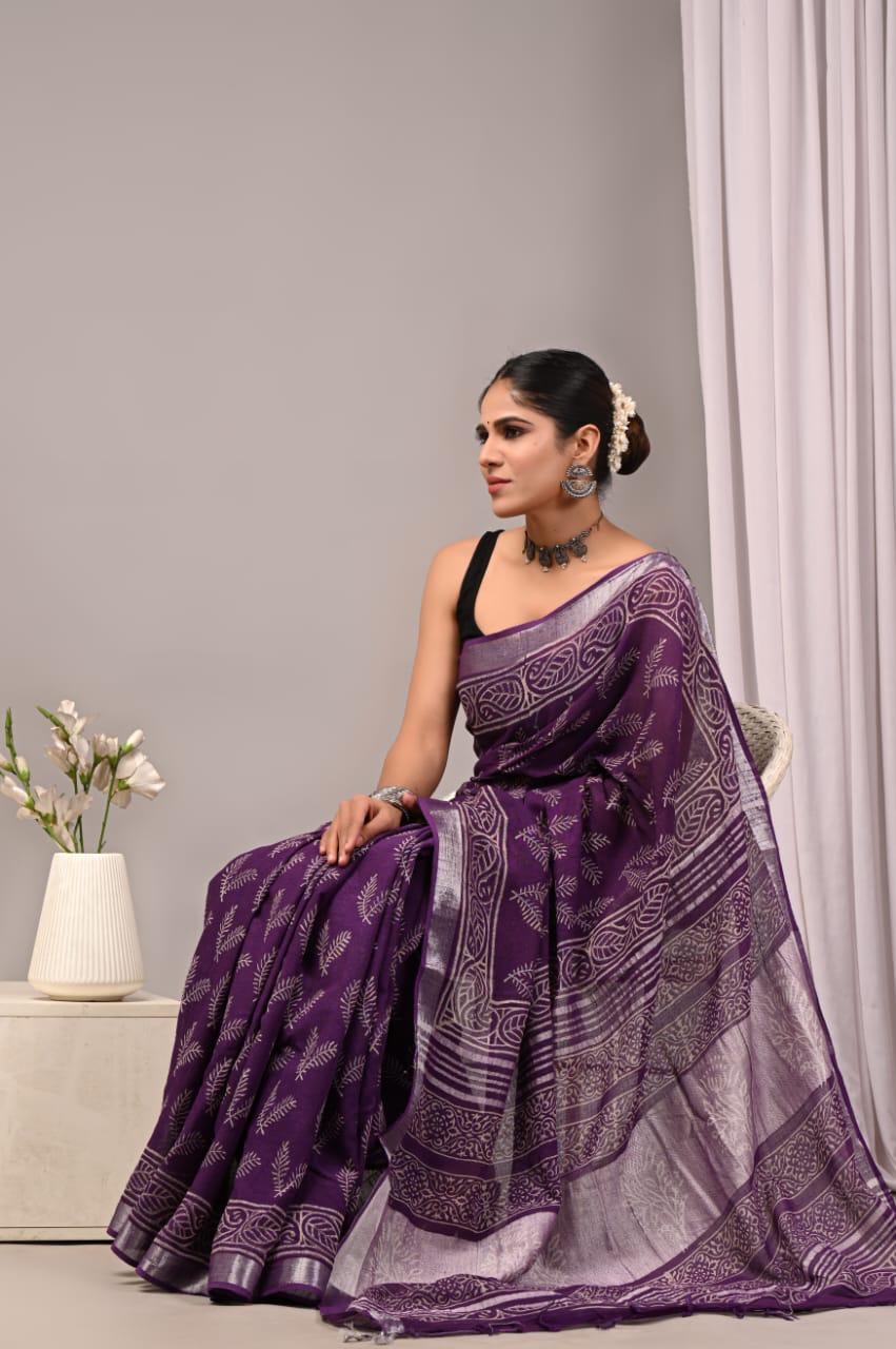 Royal Purple Silver Zari Linen Saree