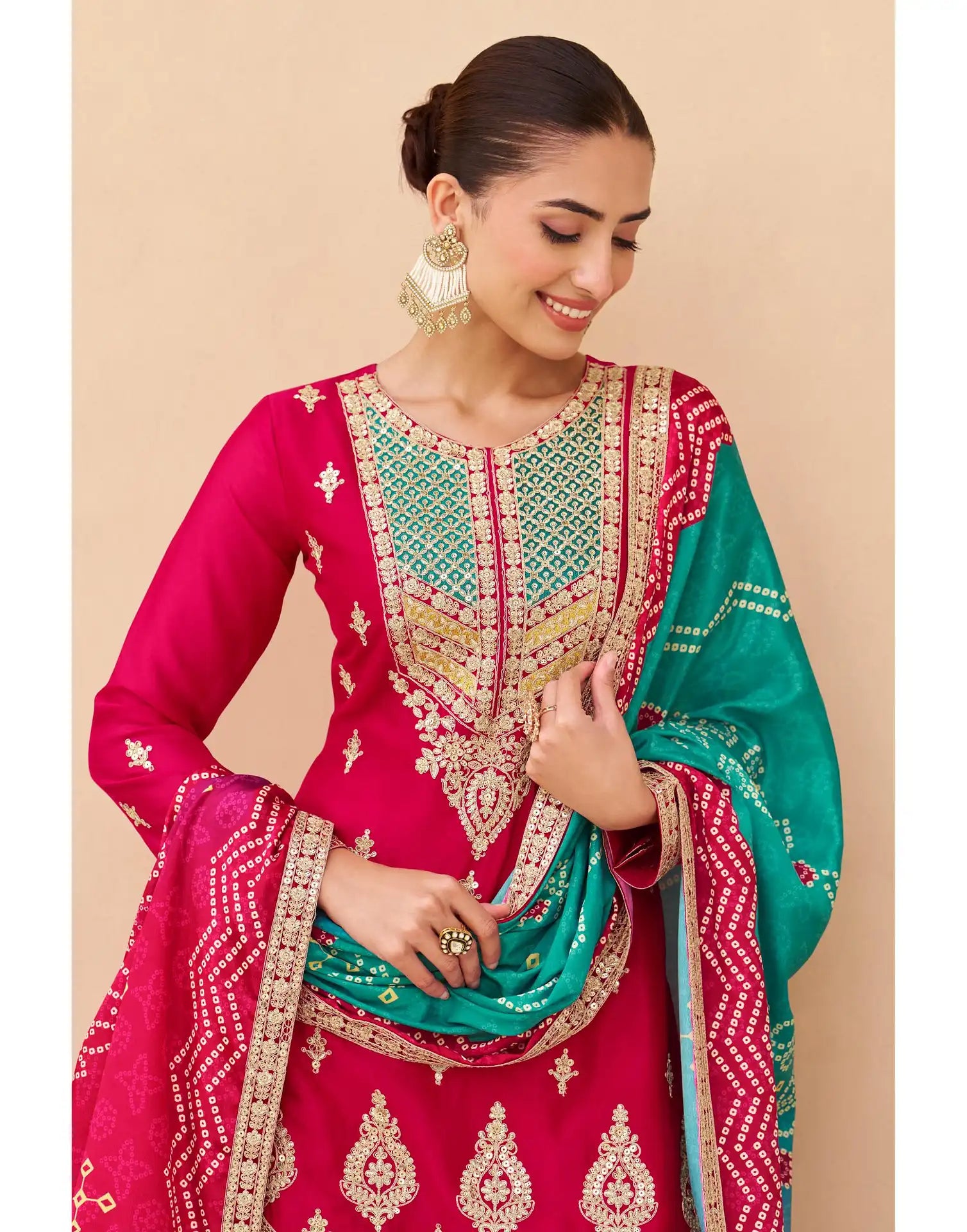 Magenta Chinon Silk Embroidered Palazzo Suit with Digital Print Dupatta