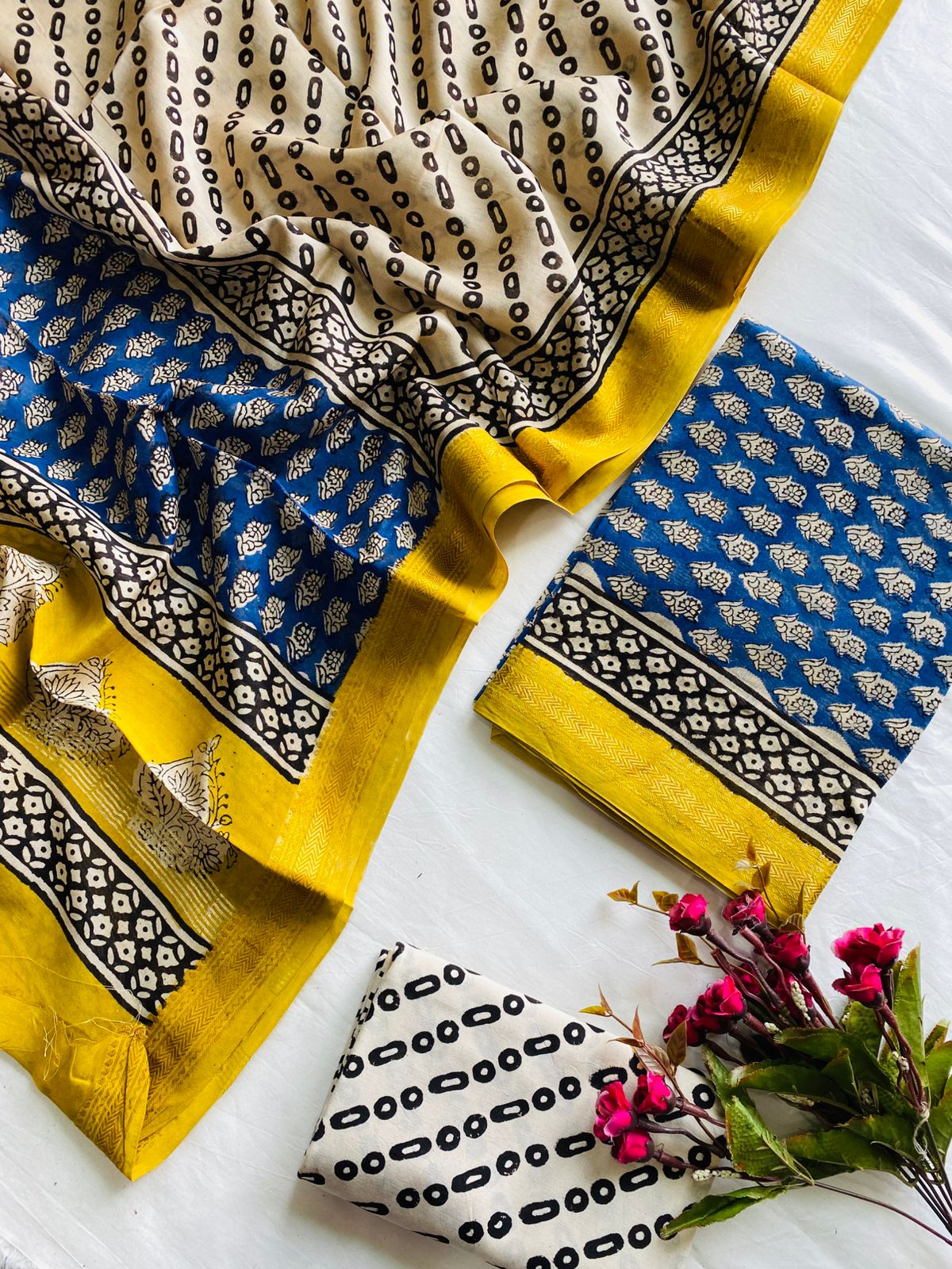 Royal Blue and Mustard Maheshwari Unstitched Dress Material