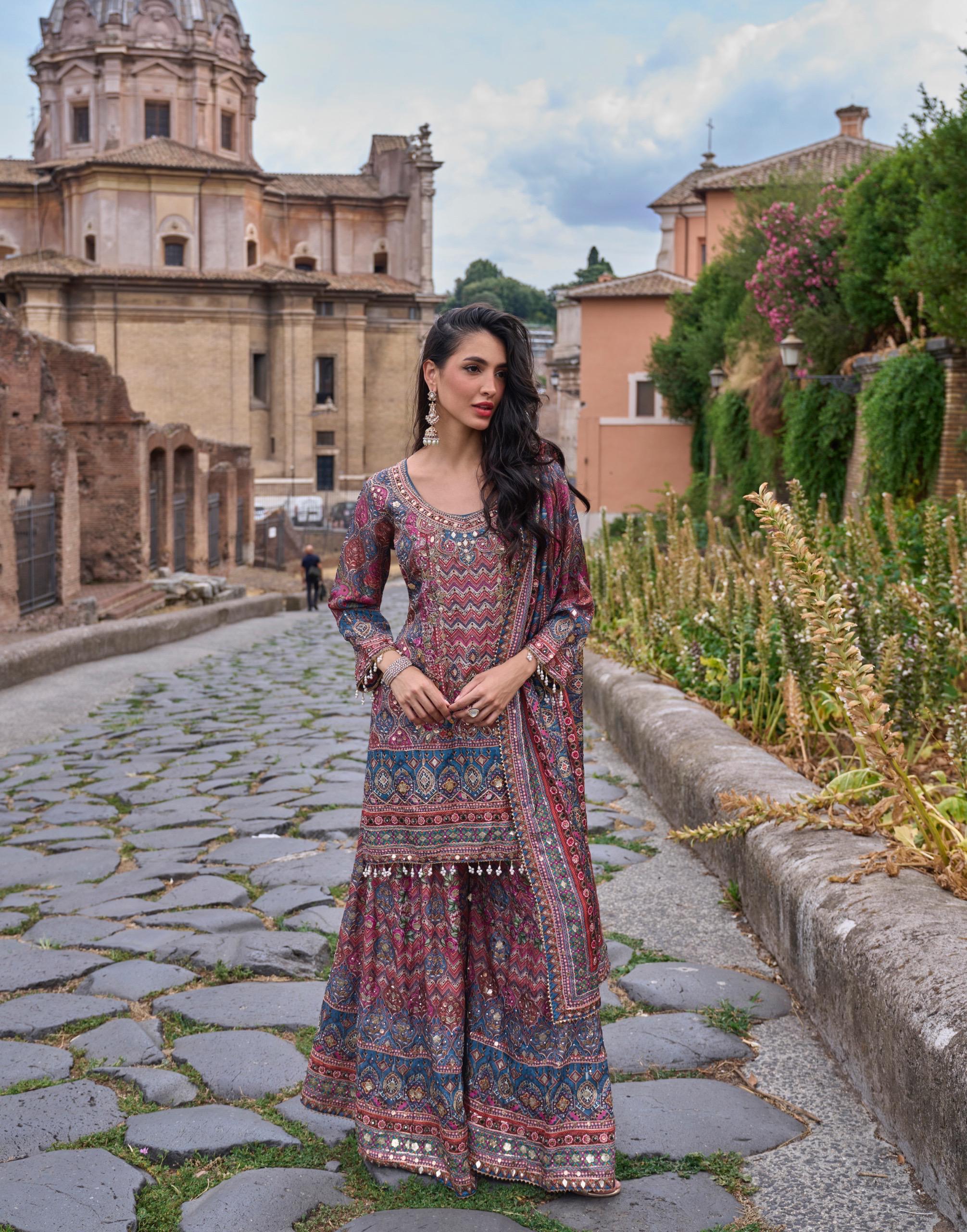 Printed Embroidered Sharara Suit with Gota Patti Dupatta for Women