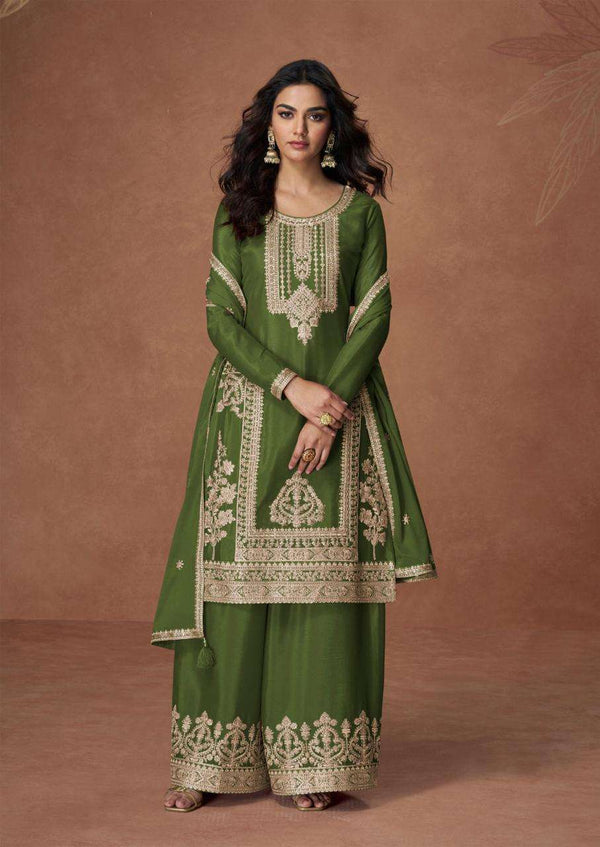 Olive Green Embroidered Chinon Silk Palazzo Set