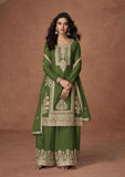 Olive Green Embroidered Chinon Silk Palazzo Set
