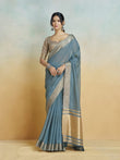 Dusty Blue Khadi Silk Saree with Golden Zari Border & Tassel Pallu