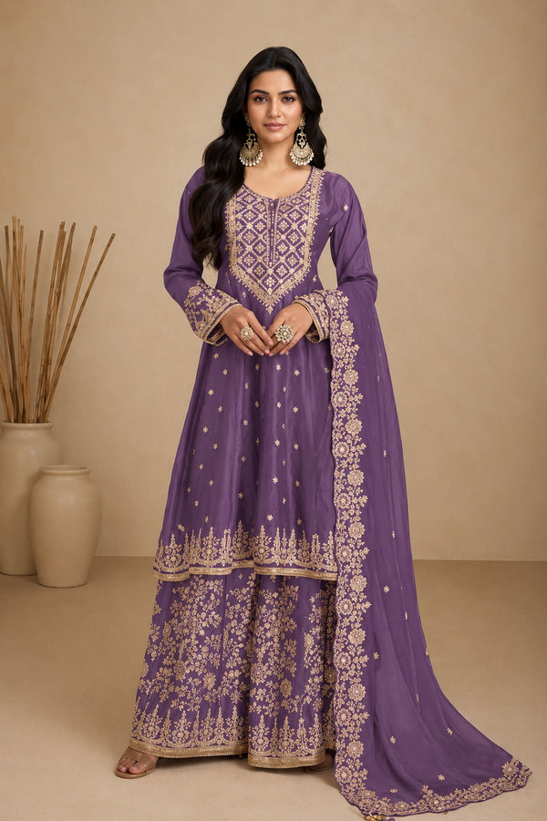 Purple Embroidered Real Chinon Silk Palazzo Set