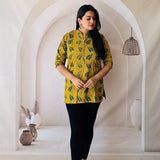 Mustard Yellow & Green Leaf Print Hand Block Cotton Kurti
