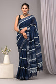 Navy Blue Striped Linen Saree