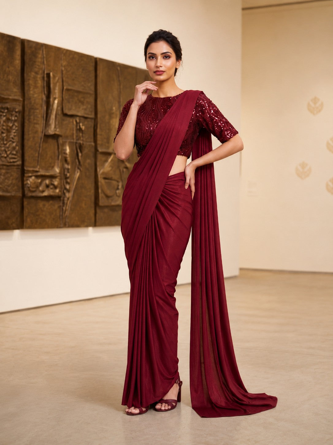 Maroon Lycra Ready-to-Wear Party Saree